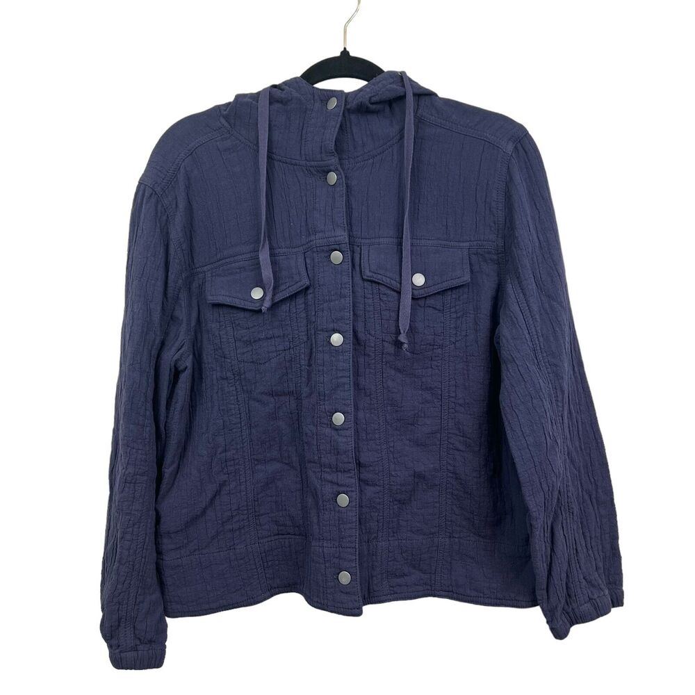 Chico's Womens Hooded Jacket Lightweight Button Up Flap Pockets Textured Navy 0*